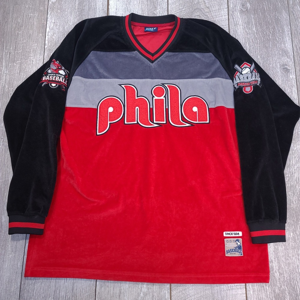 Delf Baseball Jersey Mens XL Red Black Grey Velour Long Sleeve Phila Pullover